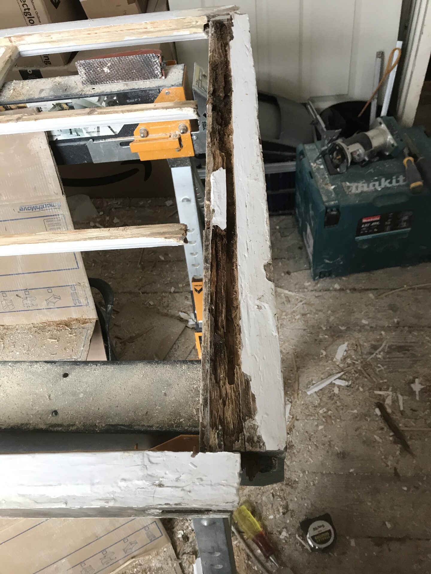 Rotten sash window frame before repair