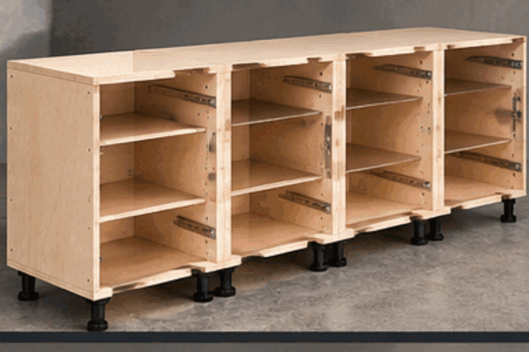 Animation showing a solid timber face frame being fitted, drilled and doors hung onto a plywood carcase