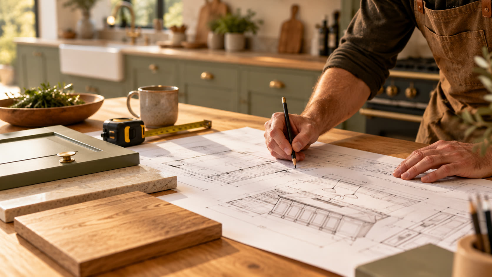 Carpenter sketching a handmade kitchen design at a timber island