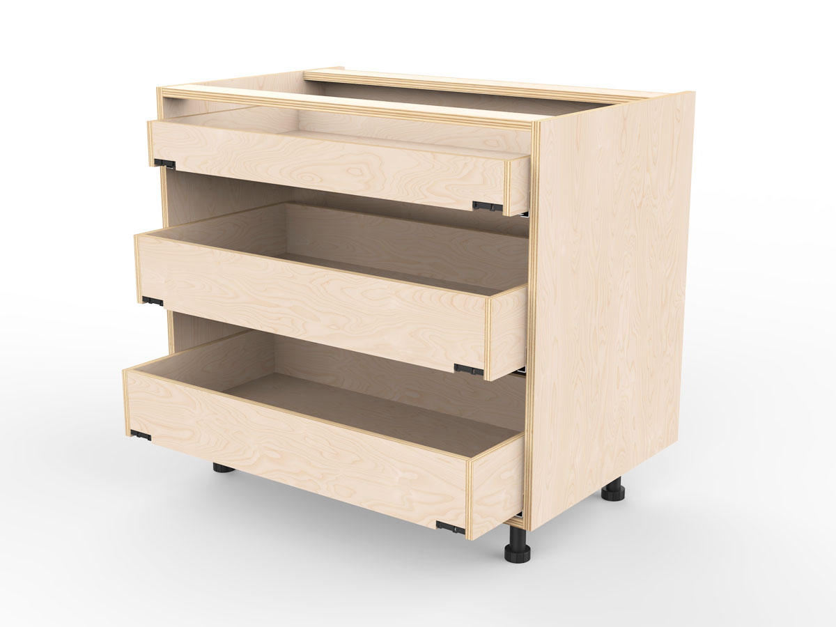 Solid plywood base unit carcase with drawers open