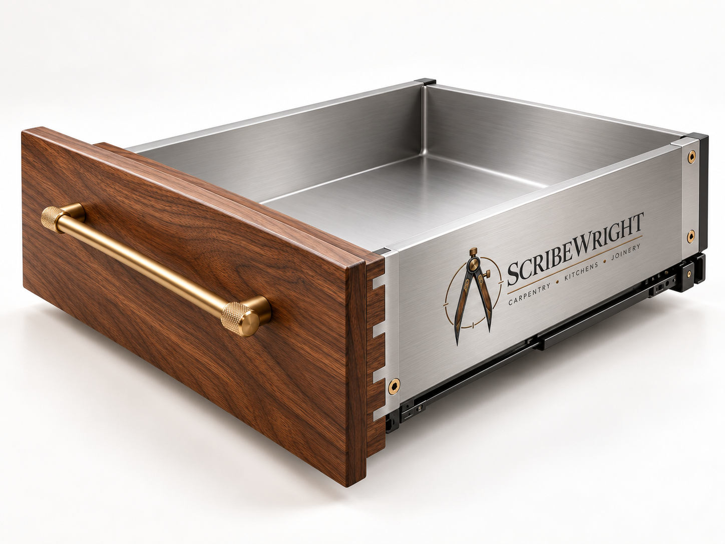 Signature drawer box with dovetailed solid aluminium sides and walnut front, brass handle